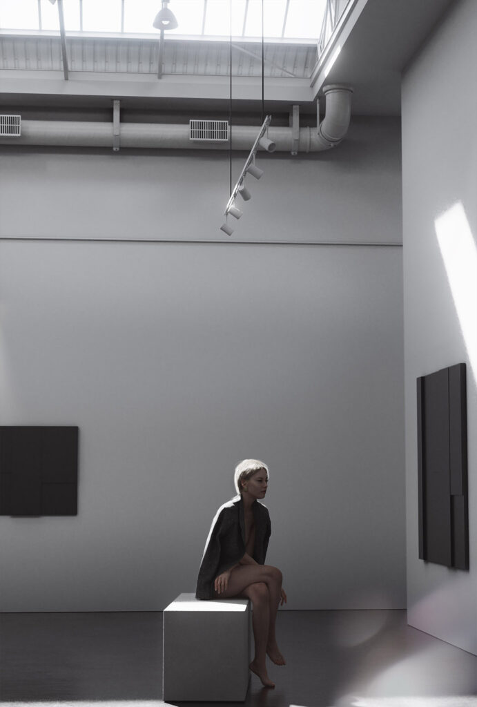 A woman sits contemplatively on a cube in a minimalist sunlit gallery with modern artworks and architectural details.